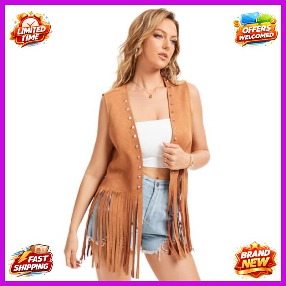 Faux Suede Fringe Vest Sleeveless Western Hippie Costume XXL - Picture 2 of 7